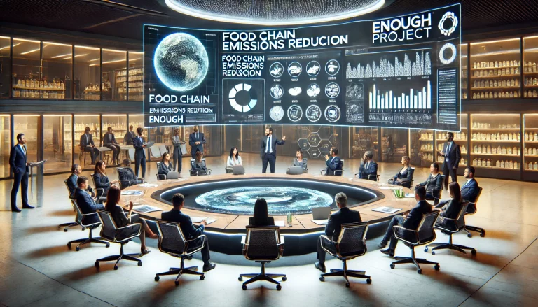 DALL·E 2025-02-13 10.57.13 – A futuristic conference room with a large digital screen displaying charts and graphs about food chain emissions reduction. A diverse group of profess